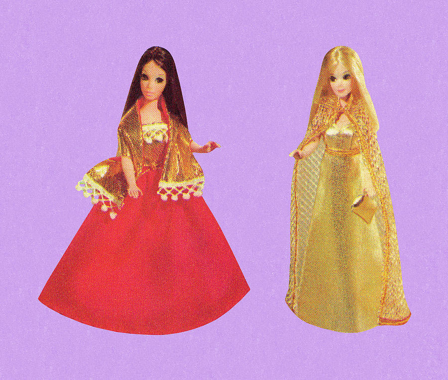 Vintage Drawing - Two Fancy Dress Fashion Dolls by CSA Images
