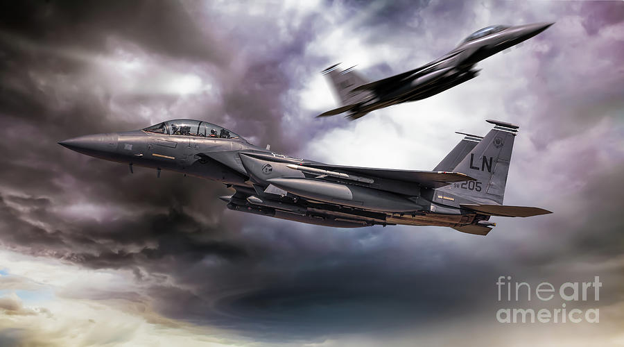 Two F-15E Strike Eagle passing in storm clouds Digital Art by Simon Bratt