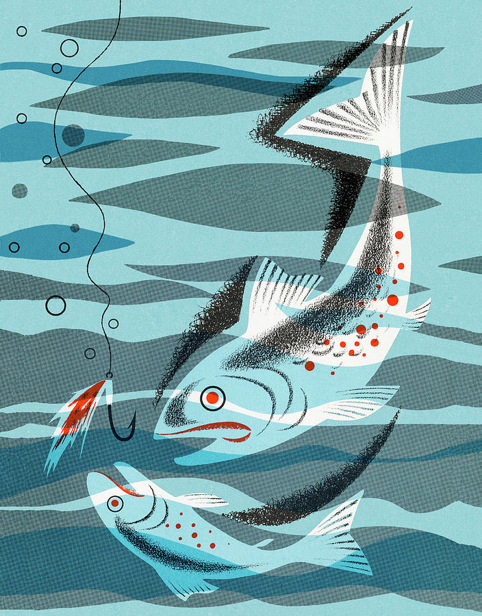 Fish Drawing - Two Fish Going After Bait by CSA Images