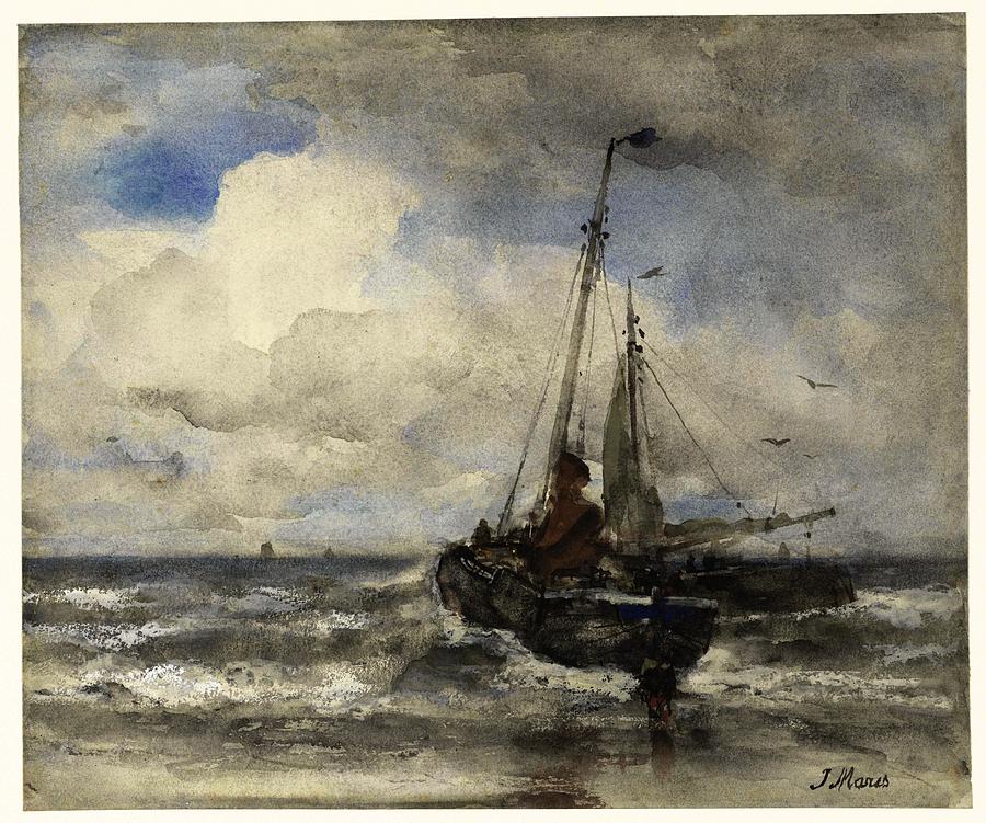 Two fishing boats at the beach. Painting by Jacob Maris -1837-1899-