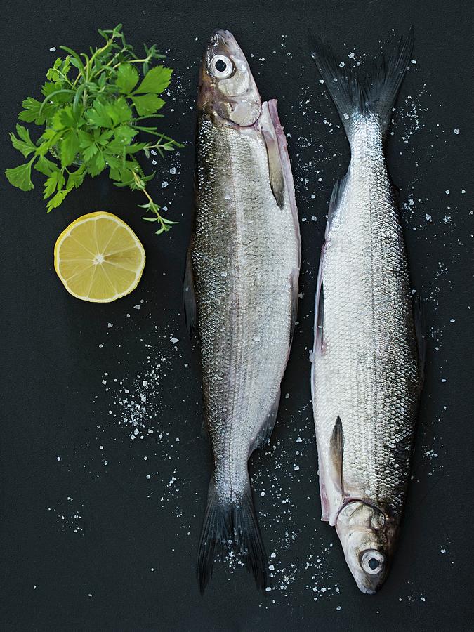 Two Fresh Fish With Coarse Salt, Herbs And Lemons On A Dark Surface Photograph by Antti Jokinen