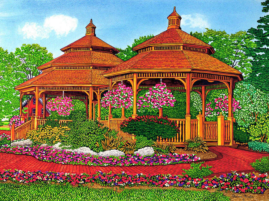 Flower Painting - Two Gazebos, Hershey Pa by Thelma Winter