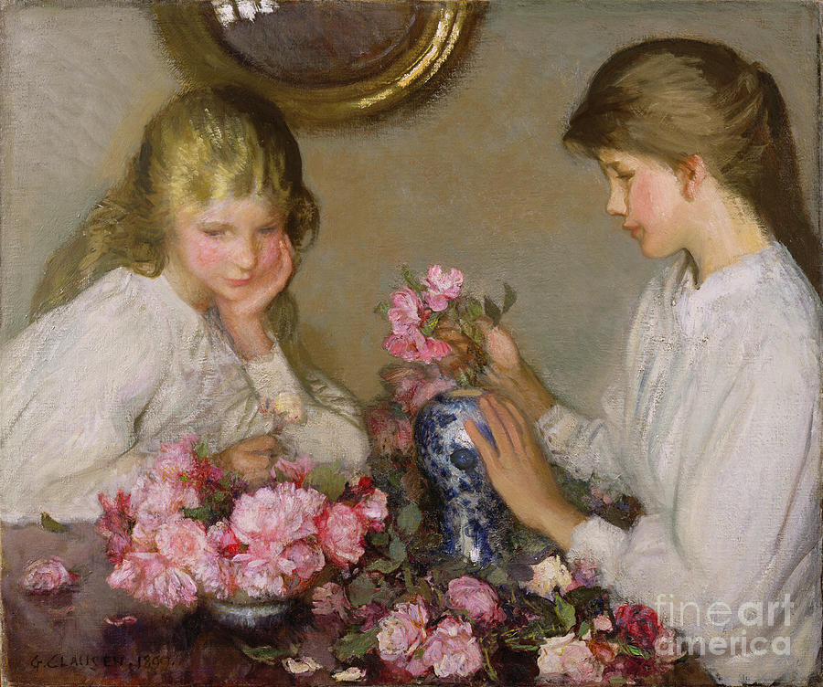 Two Girls Arranging Posies Photograph by George Clausen