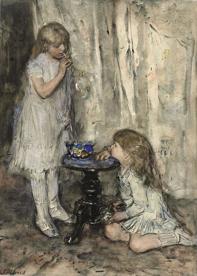Two Girls Blowing Bubbles. Twee meisjes, dochters van de kunstenaar, bellen blazend. Painting by Jacob Maris -1837-1899-