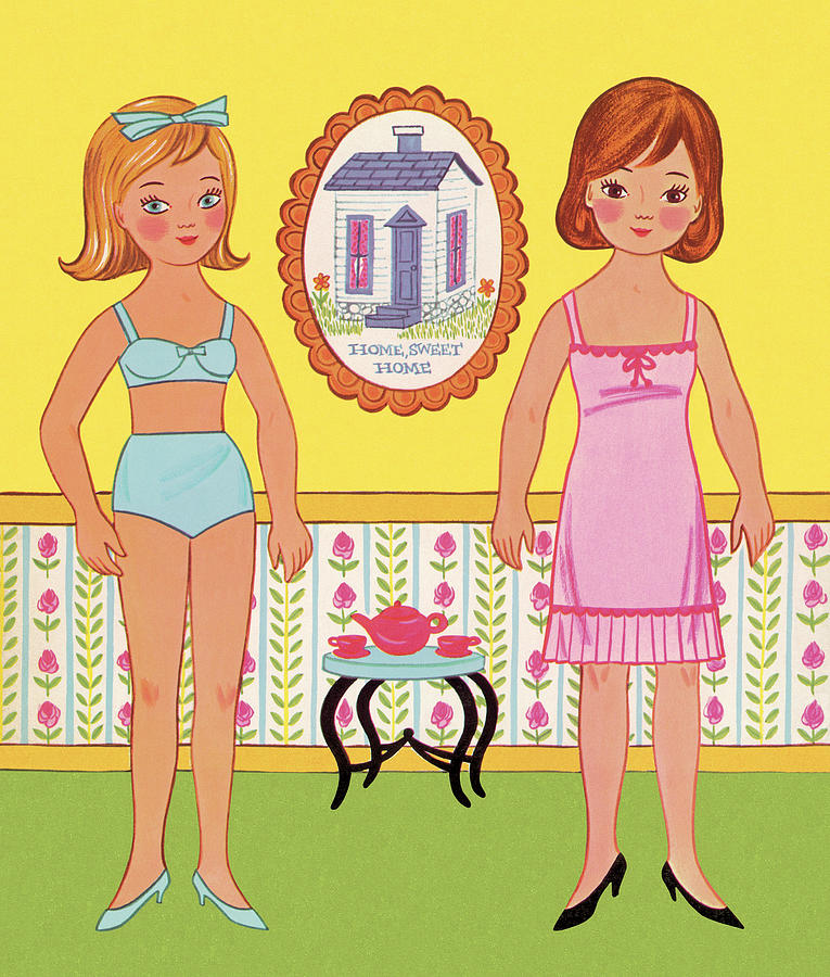 Vintage Drawing - Two Girls Dressed in their Underwear by CSA Images