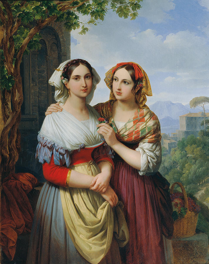 Two girls in a landscape Painting by Johann Nepomuk Ender