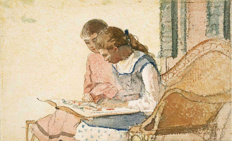 Two Girls Looking at a Book  Painting by Winslow Homer