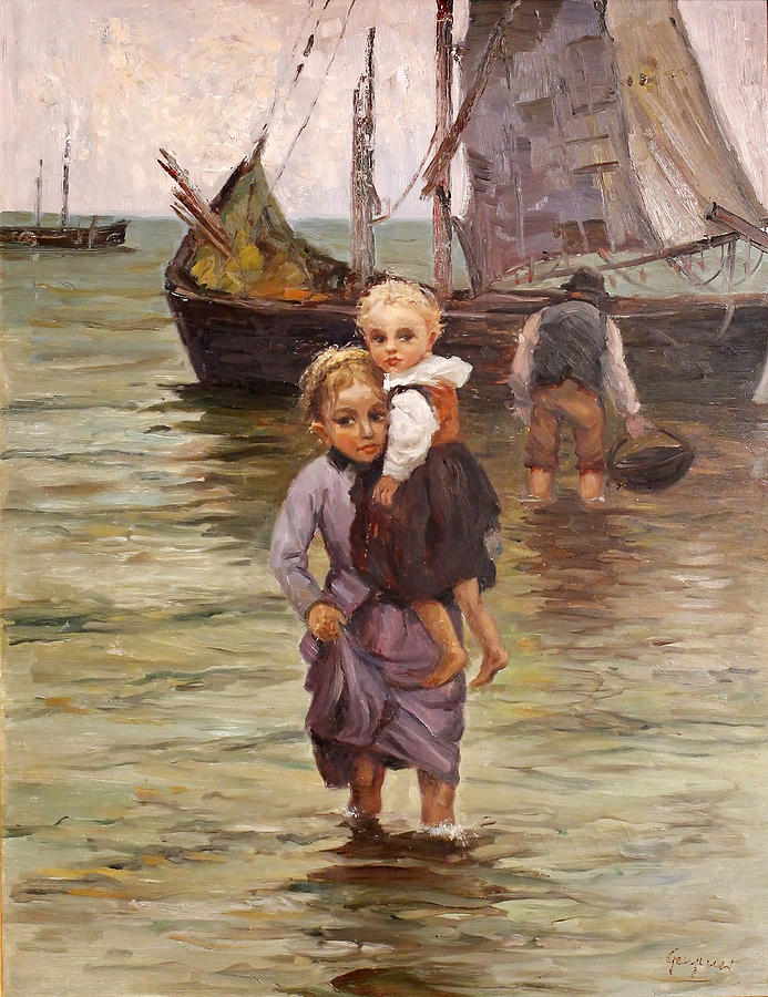 Boat Digital Art - Two Girls with a Fishing Boat by Berthold Genzmer