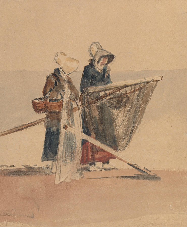 Two Girls with Shrimping Nets Drawing by Peter De Wint