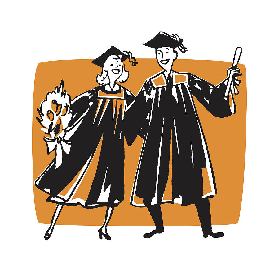 Vintage Drawing - Two Graduates with Diploma and Flowers by CSA Images