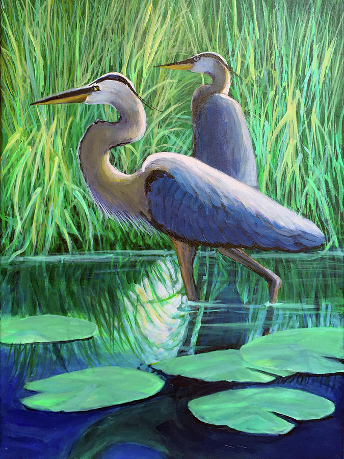Bird Painting - Two Great Blue Herons by Charles Wallis