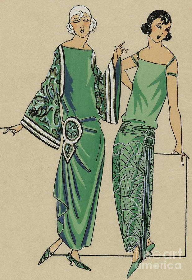 Two green dresses with embroidery designed by Alice Bernard, print from ...