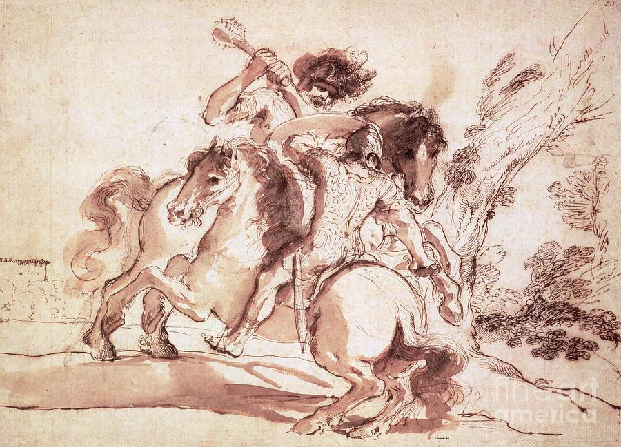 Horse Drawing - Two Horsemen Fighting by Guercino