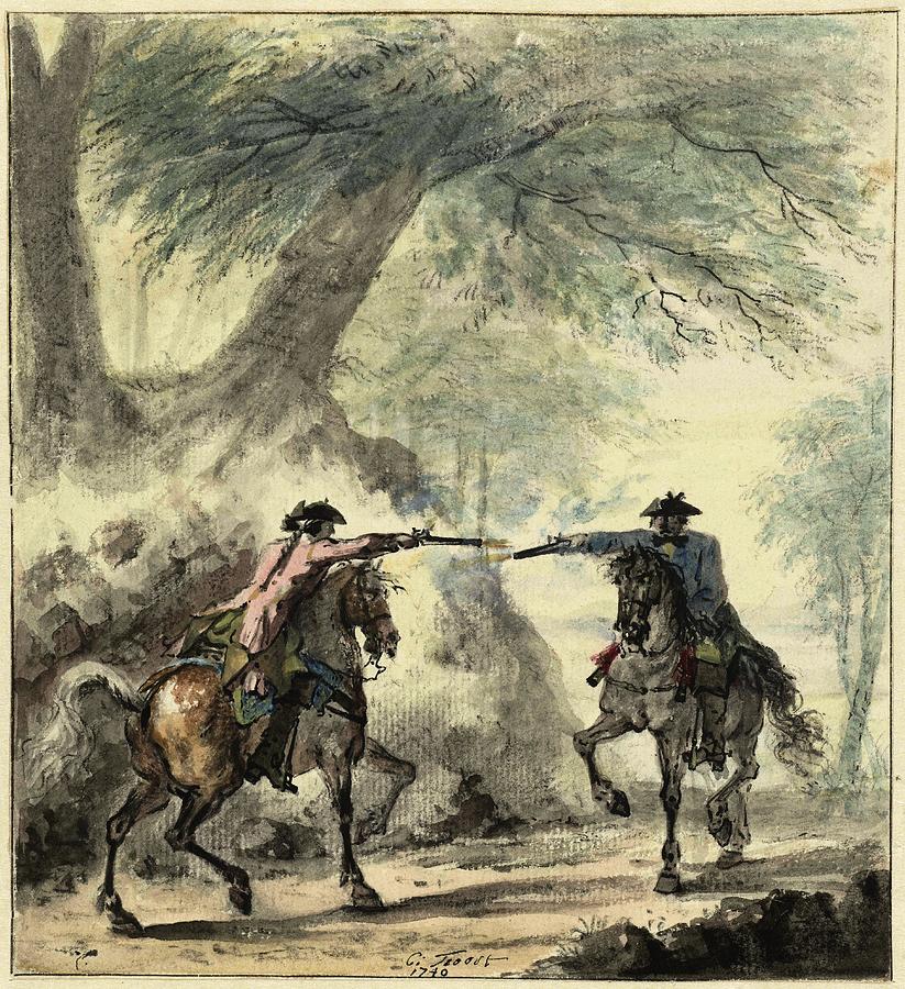 Two horsemen, meeting each other on a forest road and firing each other. Painting by Cornelis Troost Two horsemen, meeting each other on a forest road and firing each other. Painting by Cornelis Troost