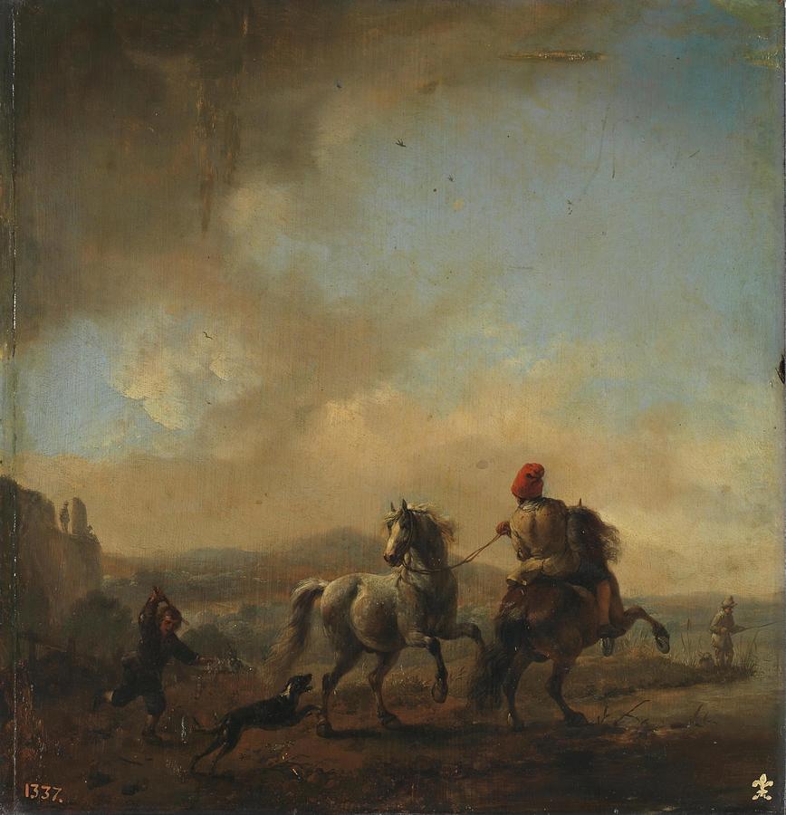 Two Horses, ca. 1650, Dutch School, Oil on panel, 33 cm x 32 cm, P02146. Painting by Philips Wouwerman -1619-1668-