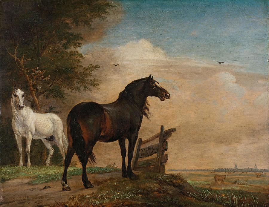 Two Horses in a Meadow near a Gate. Two Horses near a Gate in a Meadow. Painting by Paulus Potter
