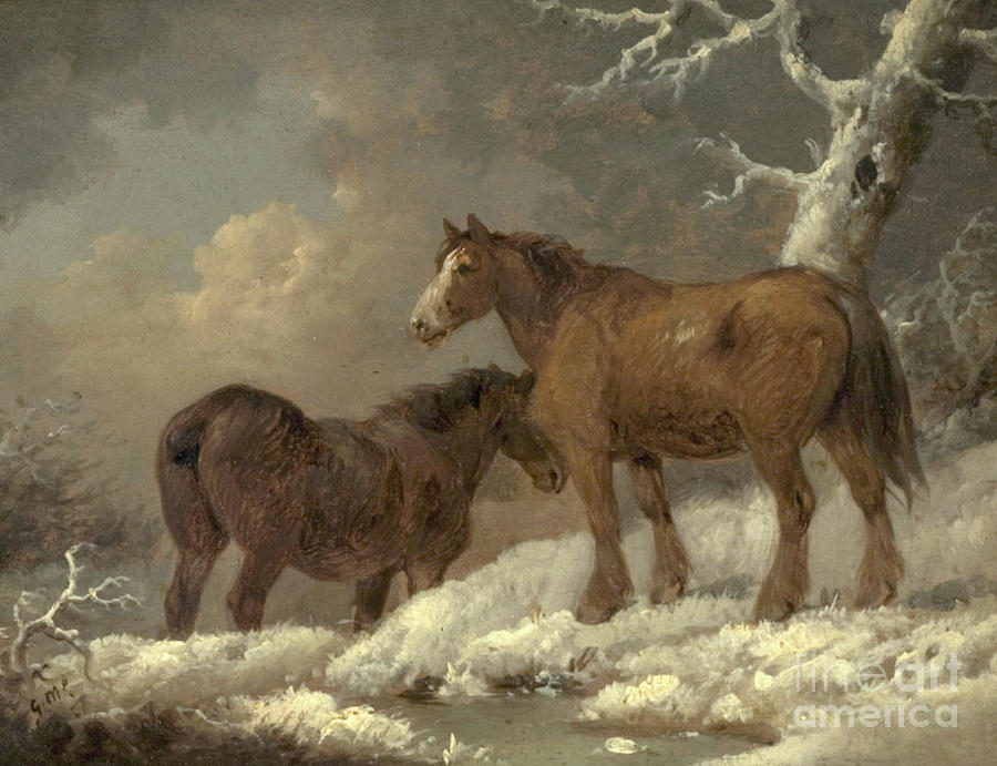 Two Horses in the Snow Painting by George Morland