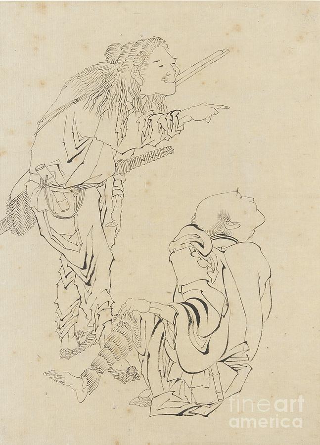 Two Hunters, Edo Period Drawing by Katsushika Hokusai
