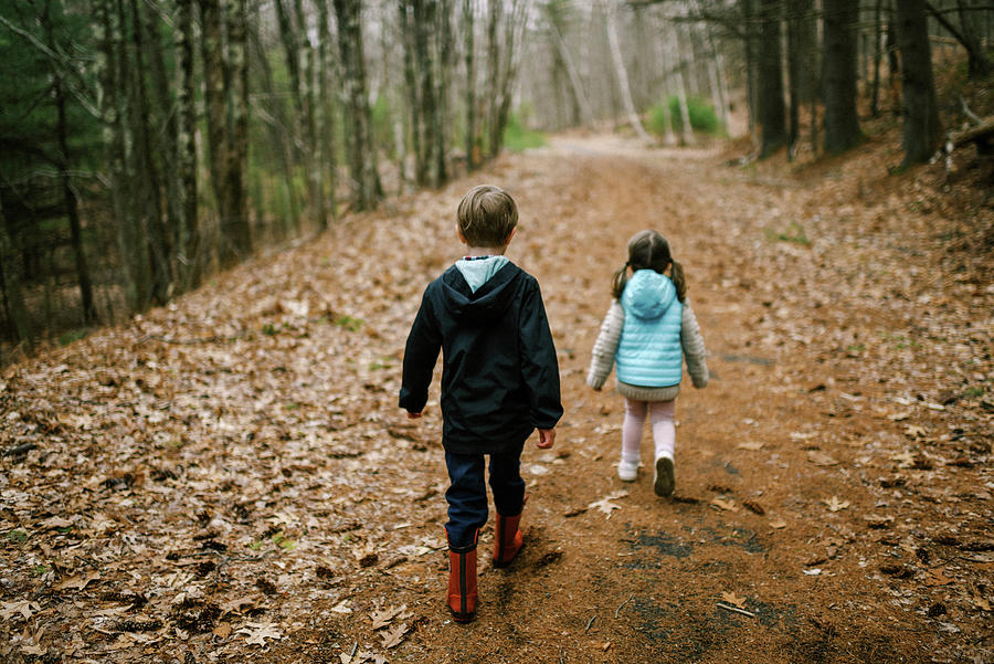 Two Kids Walking On A Path In The Woods Together During A Hike ...