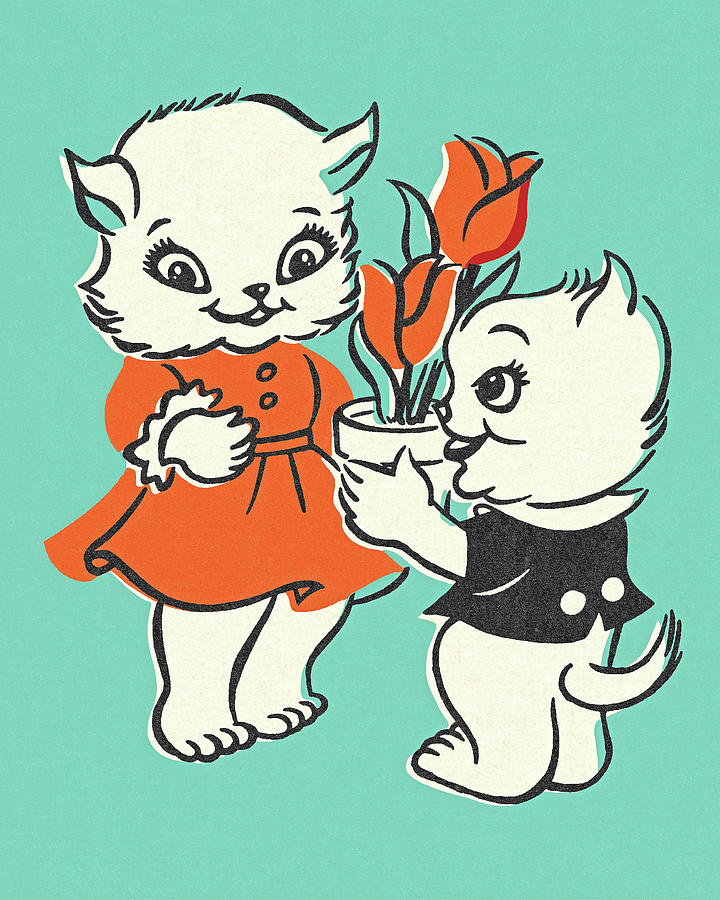 Spring Drawing - Two Kittens and a Pot of Tulips by CSA Images