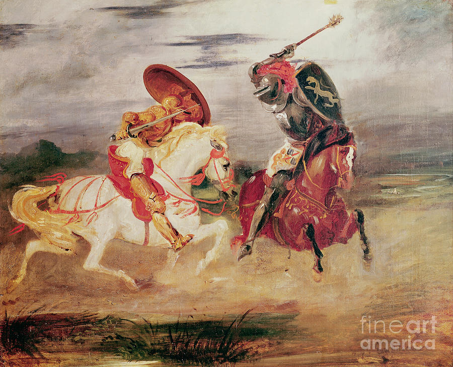Two Knights Fighting In A Landscape, C.1824 Painting by Eugene Delacroix