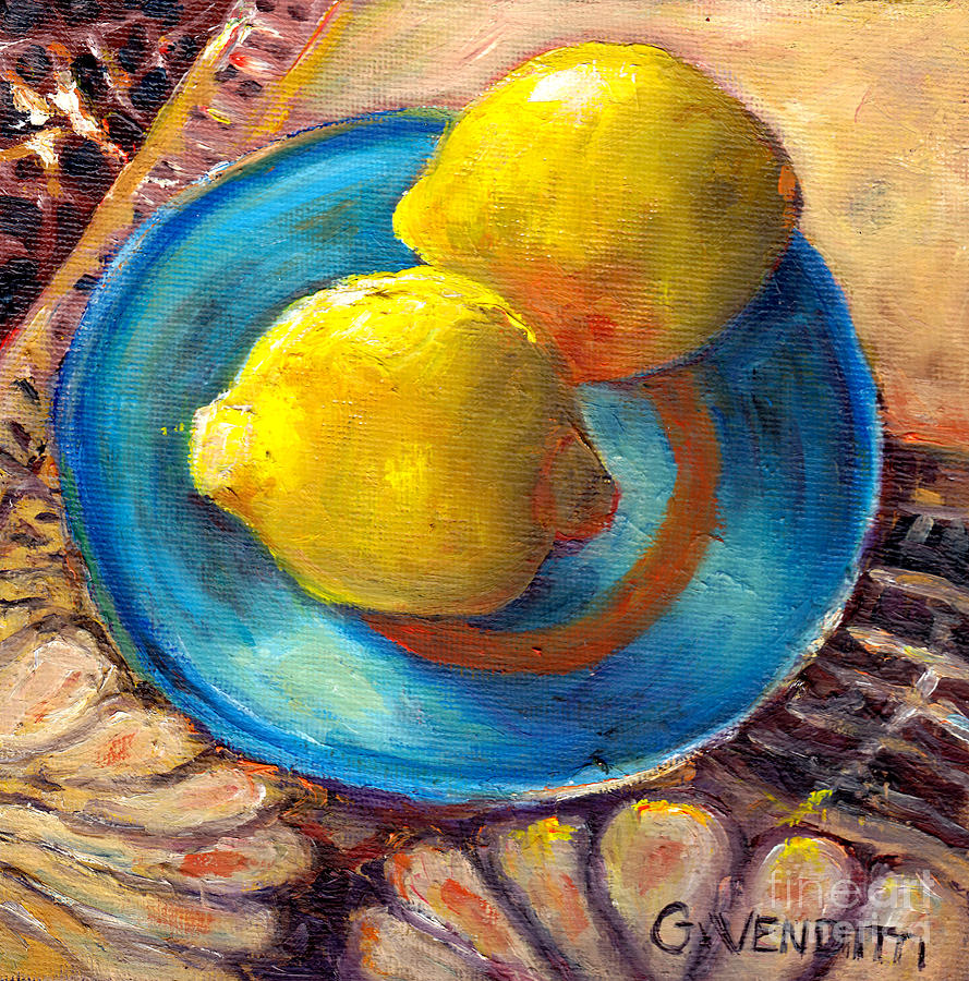 Two Lemons On Blue Plate With Vintage Lace Tablecloth Classic Still Life Painting For Sale  Painting by Grace Venditti