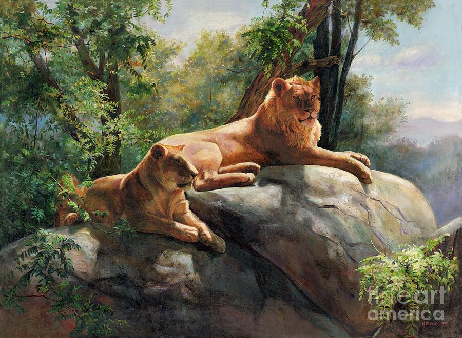 Two Lions In Love Forever Painting by Svitozar Nenyuk