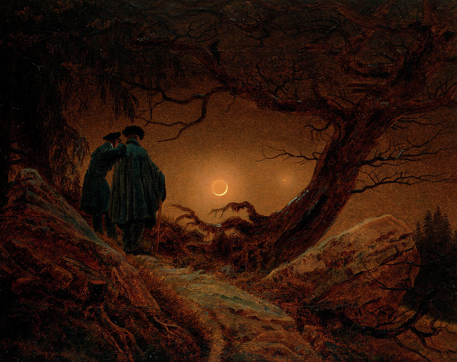 Two Men Contemplating the Moon, 1820 Painting by Caspar David Friedrich ...