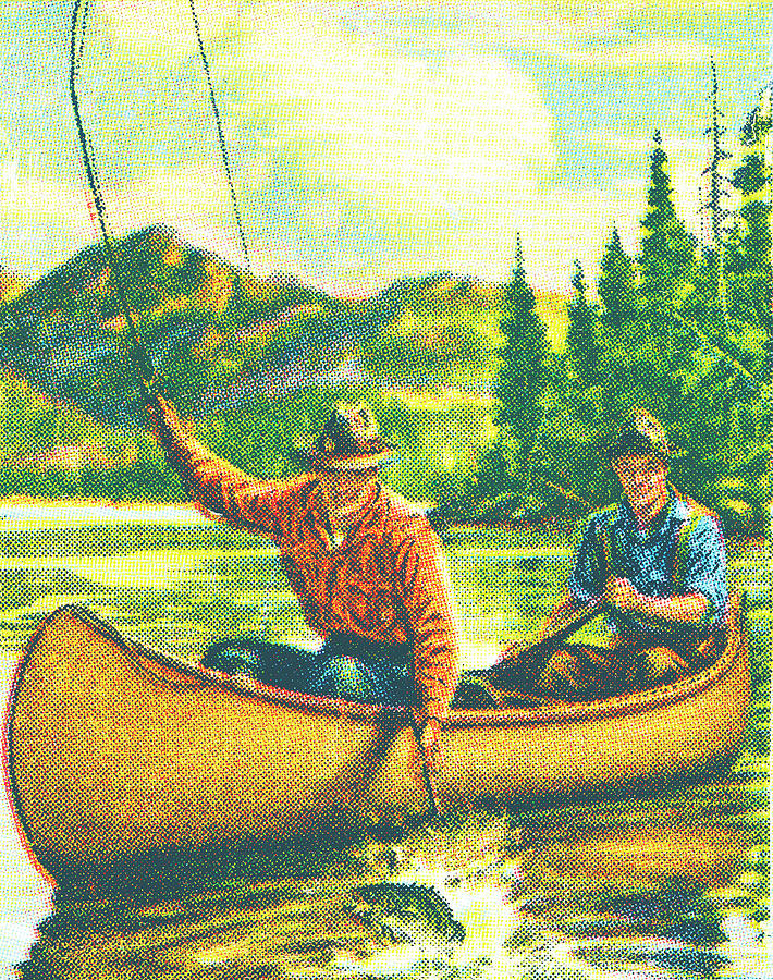 Fish Drawing - Two men fishing in a canoe by CSA Images