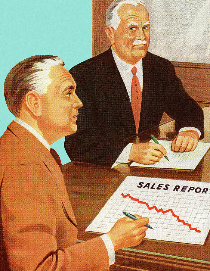 Vintage Drawing - Two Men Looking at a Sales Report by CSA Images