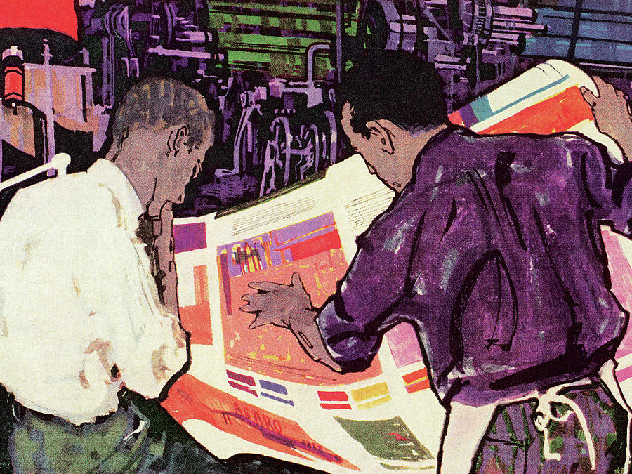 Vintage Drawing - Two Men Looking at Newpaper by CSA Images