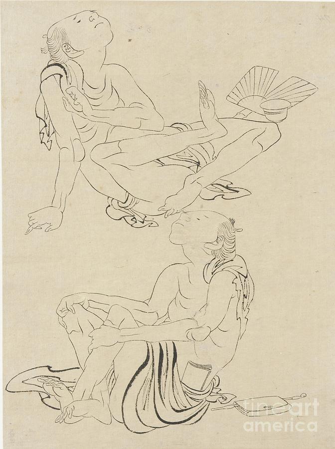 Two Men Relaxing In Summer, Edo Period Drawing by Katsushika Hokusai