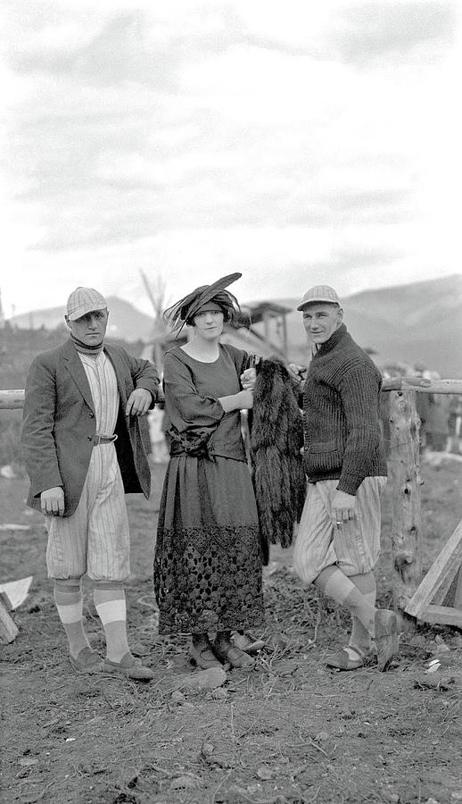 Two Mountain Park baseball players and a woman with a fur coat, Mountain Park, Alberta, ca. 1920 by  Painting by Celestial Images