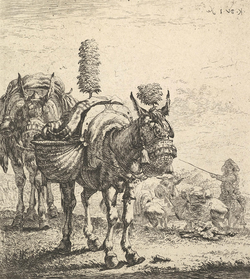 Two mules bearing panniers and outfitted with blinders, plumes, and tassels Relief by Karel Dujardin