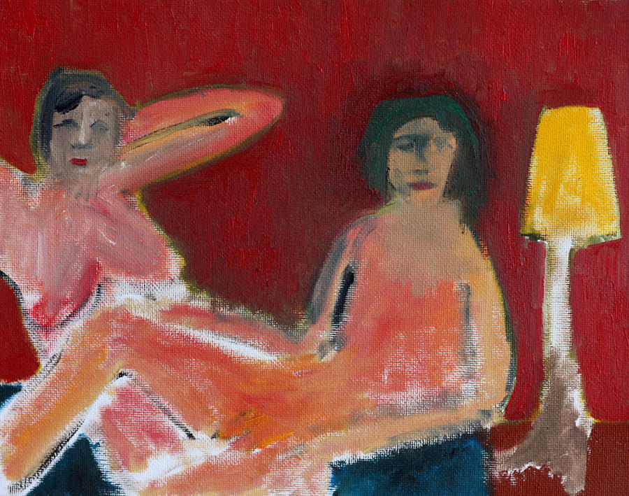 Two nudes by a lamp Painting by Edgeworth Johnstone