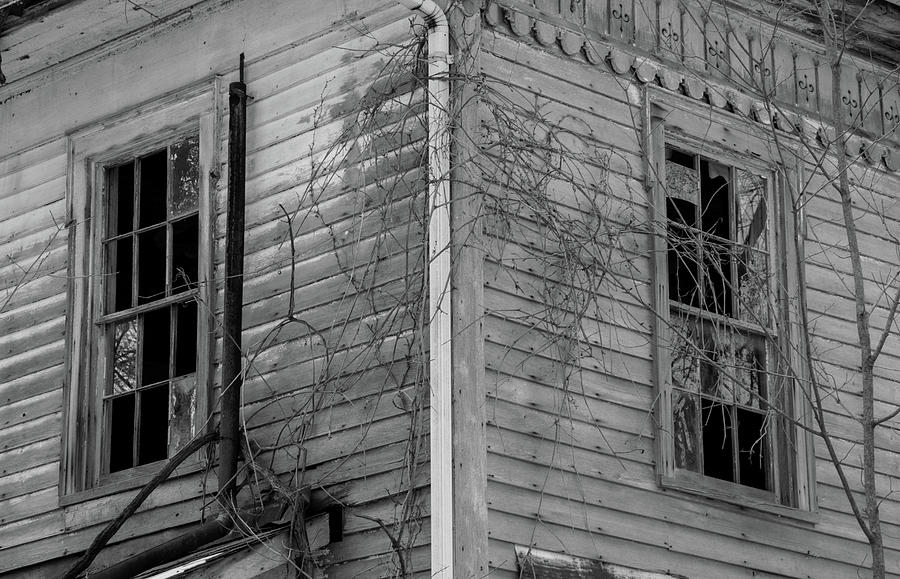 Two Old Windows Bw Photograph