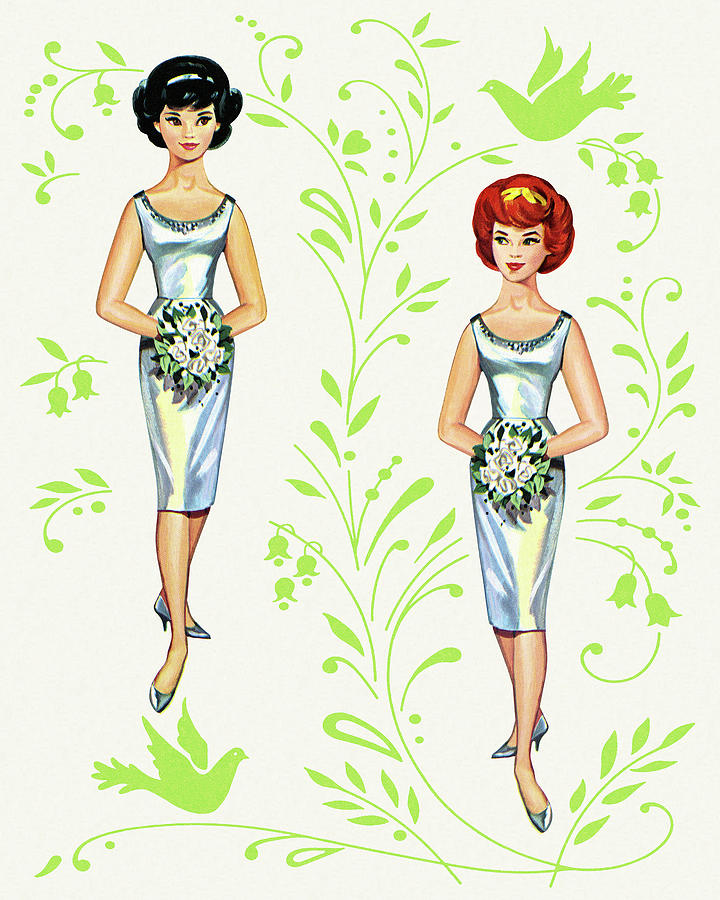 Vintage Drawing - Two Paper Doll Brides by CSA Images