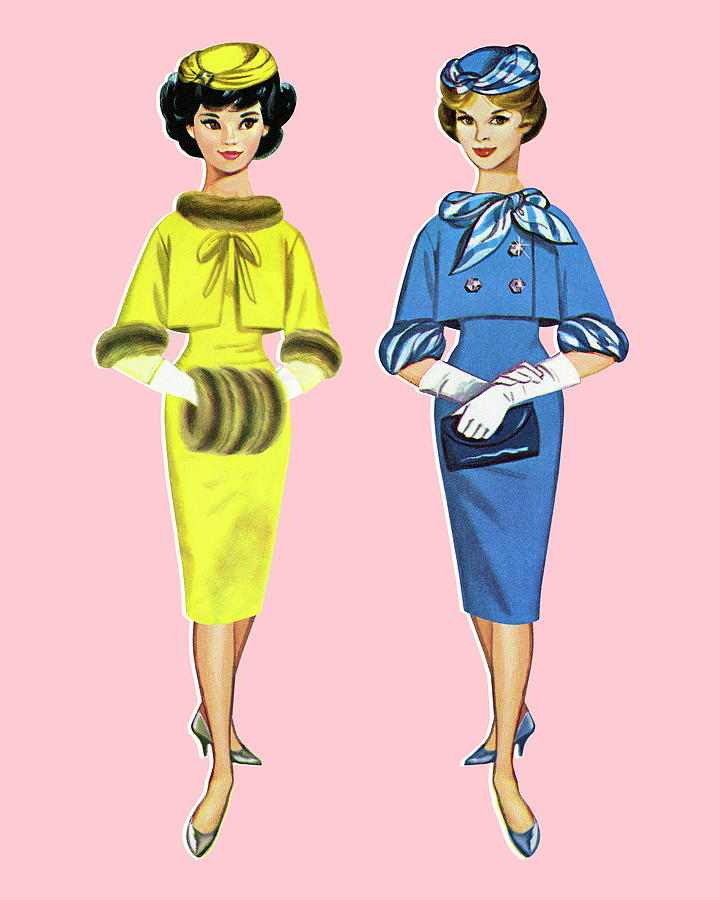 Vintage Drawing - Two Paper Doll Women by CSA Images