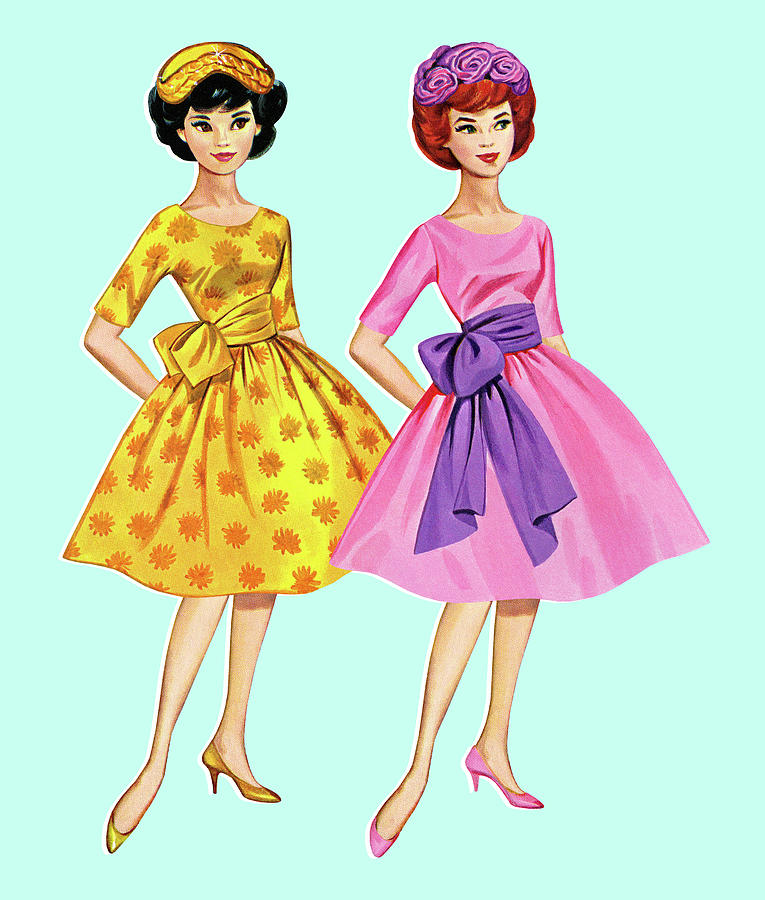 Vintage Drawing - Two Paper Doll Women Wearing Dresses by CSA Images