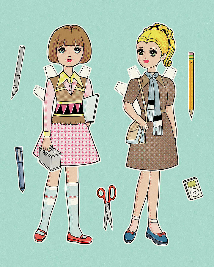 Vintage Drawing - Two Paper Dolls by CSA Images