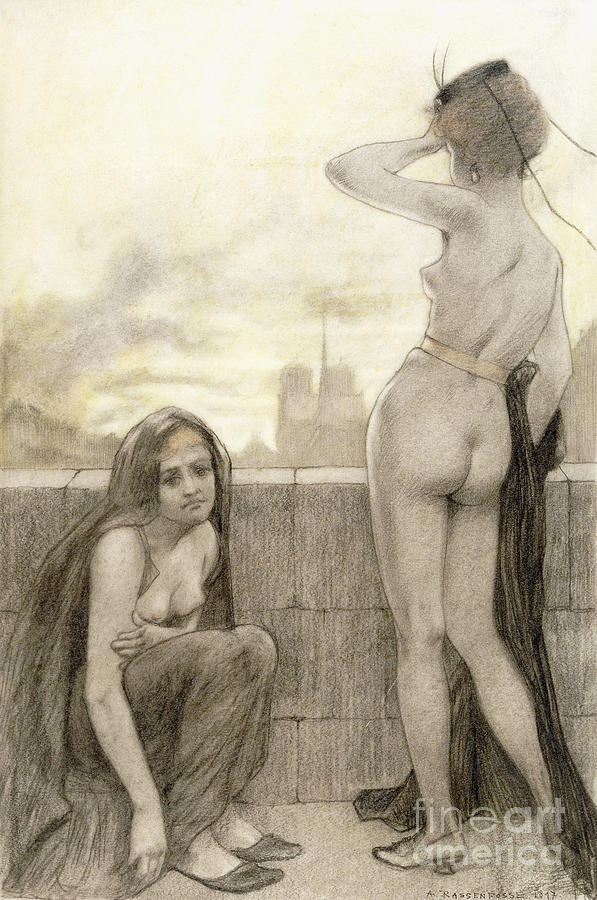 Two partially clad women by a wall in a city Drawing by Armand Rassenfosse