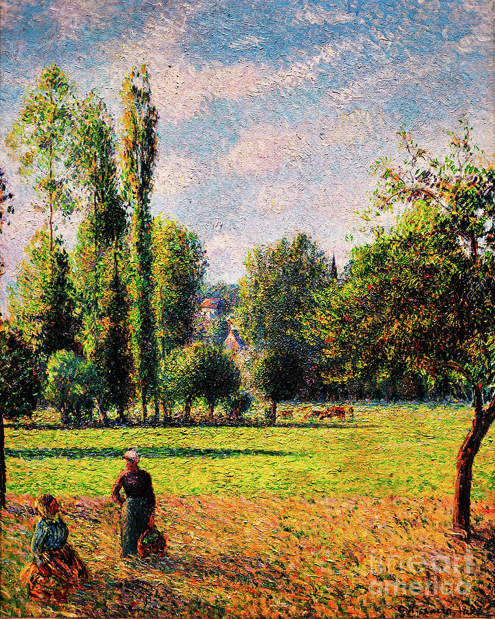 Two Peasant Women in a Meadow by Pissarro Painting by Camille Pissarro