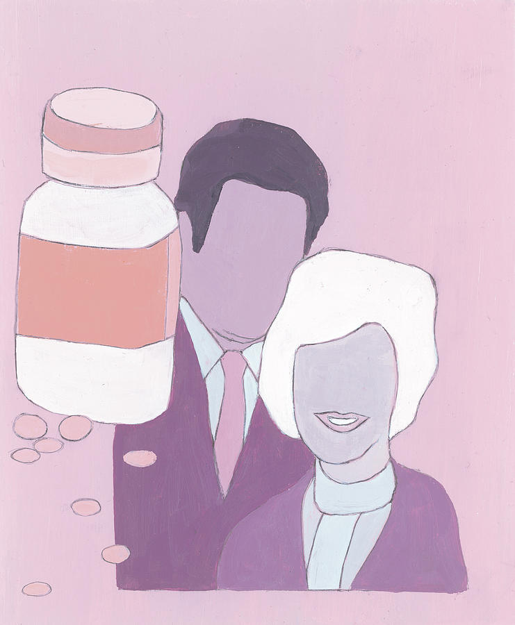 Vintage Drawing - Two People and a Medicine Bottle by CSA Images