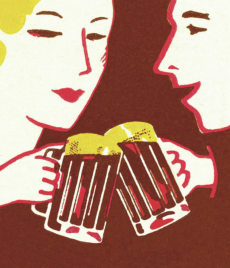 Beer Drawing - Two People Drinking from Mugs by CSA Images