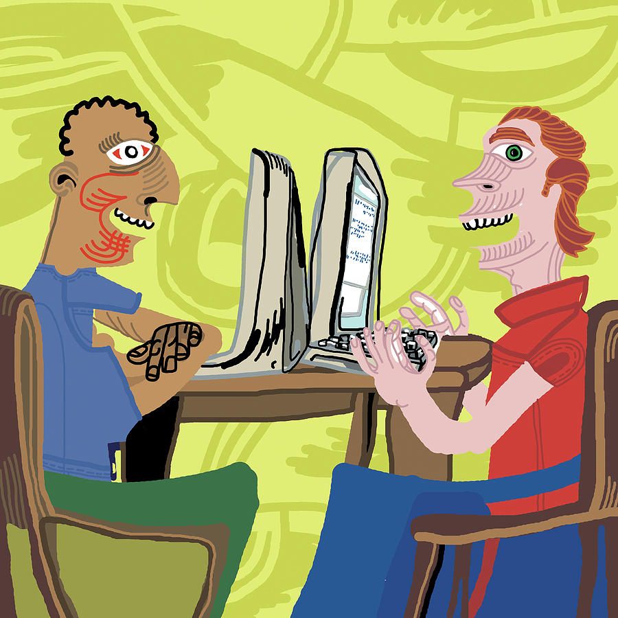 Vintage Drawing - Two People on Computers by CSA Images