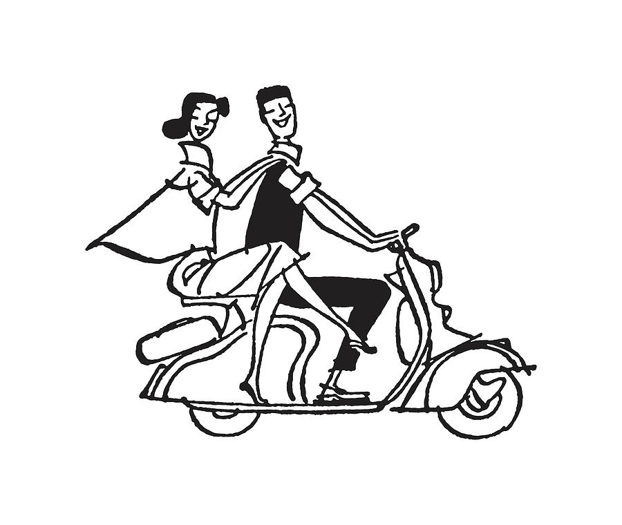 Black And White Drawing - Two People Riding a Moped by CSA Images