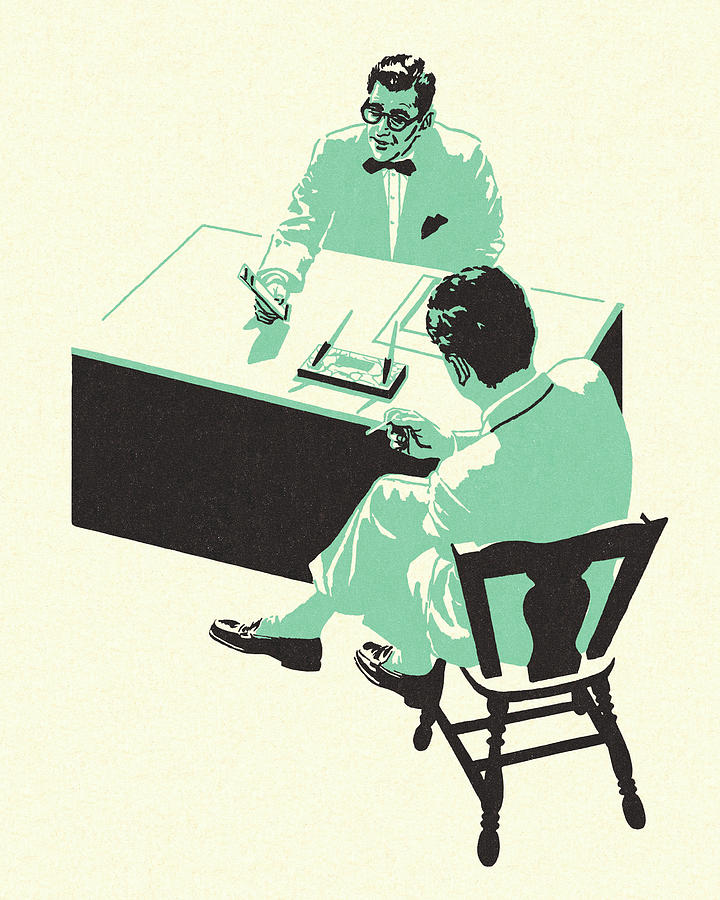 Vintage Drawing - Two People Sitting at a Desk by CSA Images