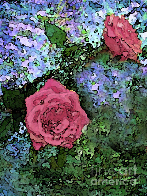 Two Pink Roses on Blues Mixed Media by Corinne Carroll