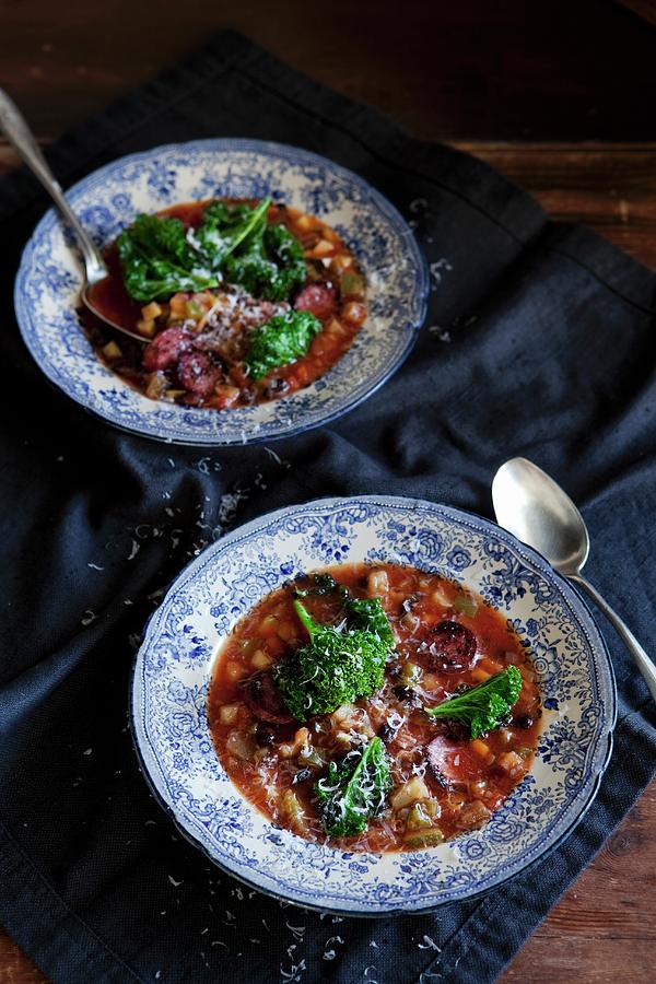 Two Plates Of Vegetables Soup With Black Beans, Salsiccia And Green Kale Photograph by Ulrika Ekblom