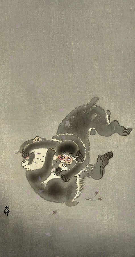 Two Monkeys Painting - Two Playing Monkeys, 1930 by Ohara Koson Two Monkeys Painting - Two Playing Monkeys, 1930 by Ohara Koson